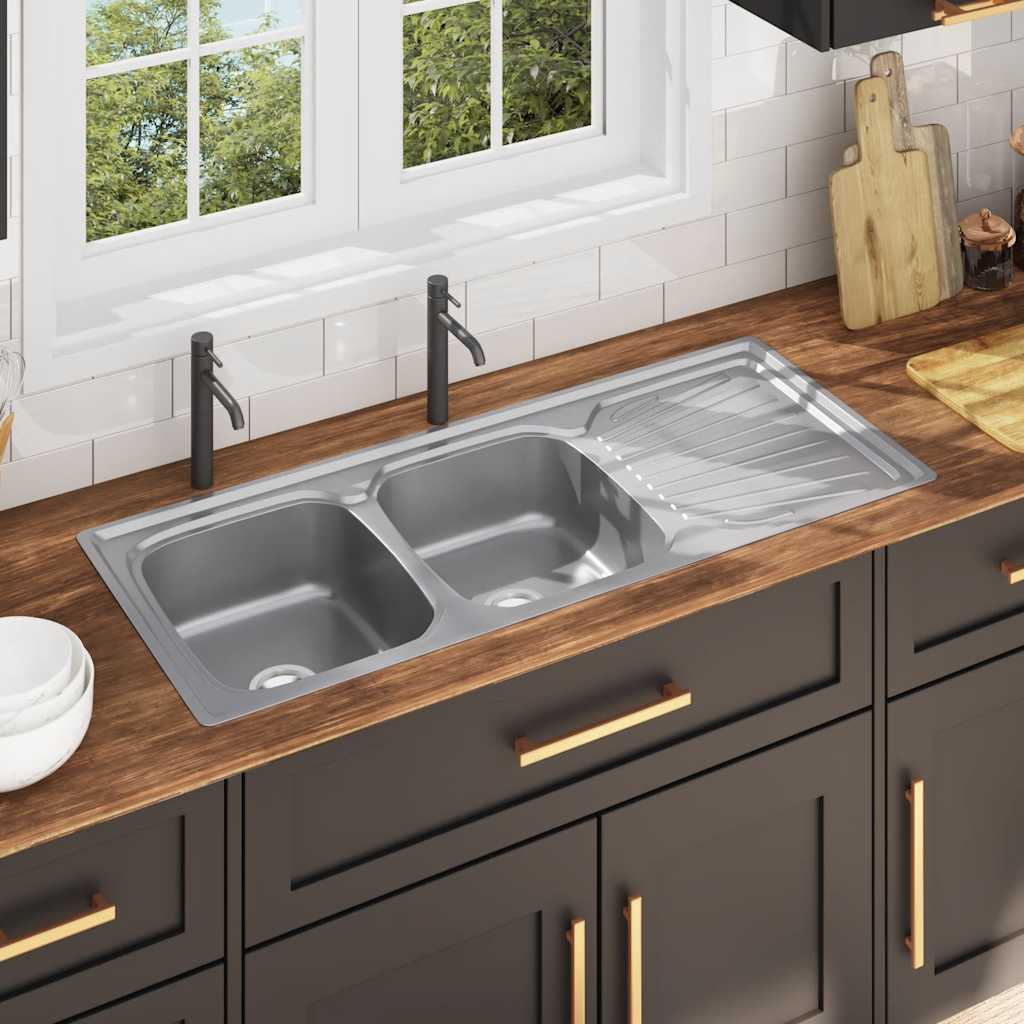 Lavello Da Cucina Doppio Con Filtro E Sifone In Acciaio Inox