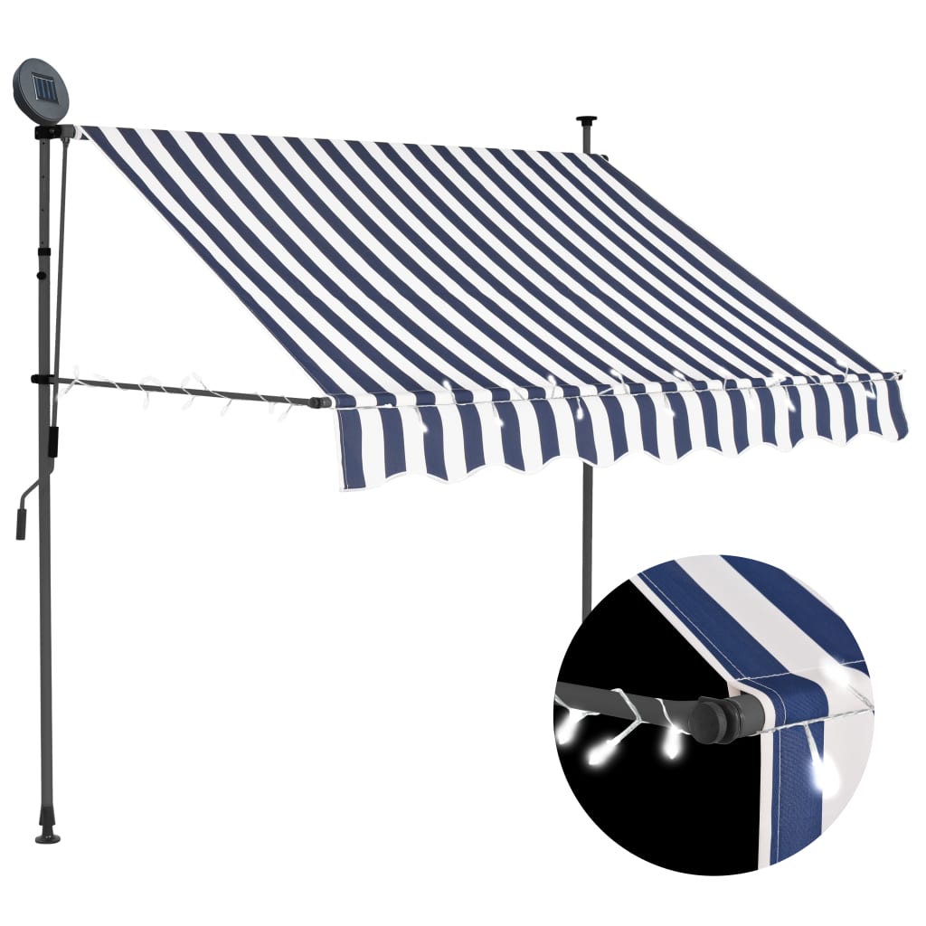 Tenda Da Sole Retrattile Manuale Con Led 150 Cm Blu E Bianca