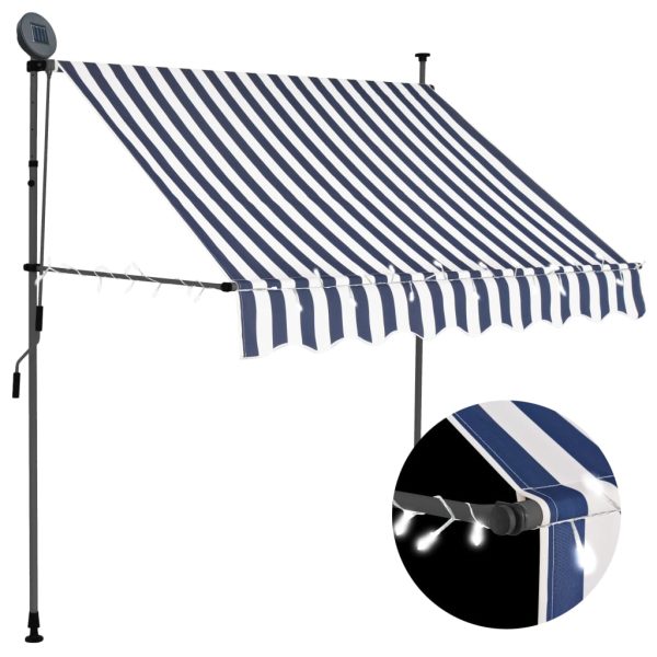 Tenda Da Sole Retrattile Manuale Con Led 200 Cm Blu E Bianca