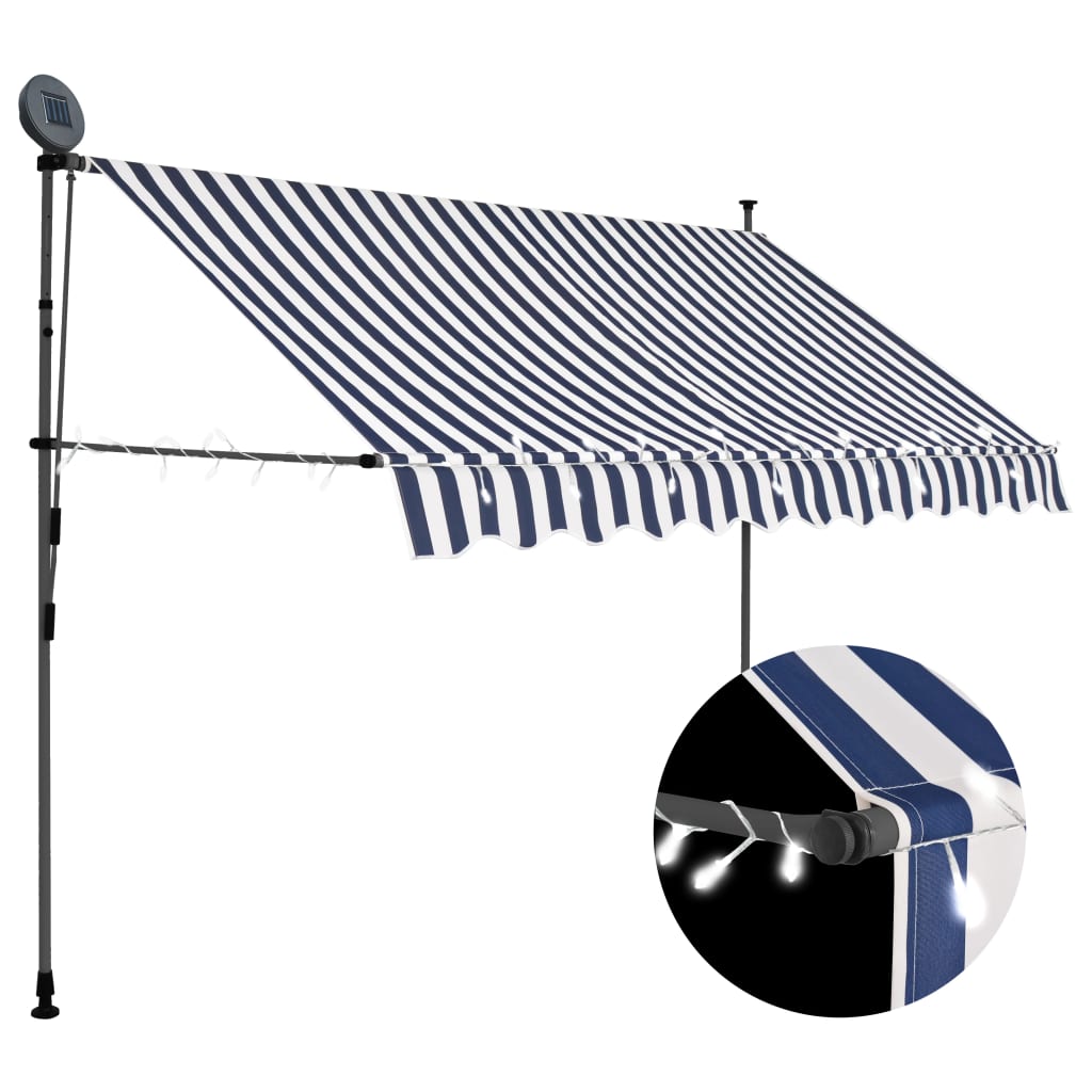 Tenda Da Sole Retrattile Manuale Con Led 250 Cm Blu E Bianca