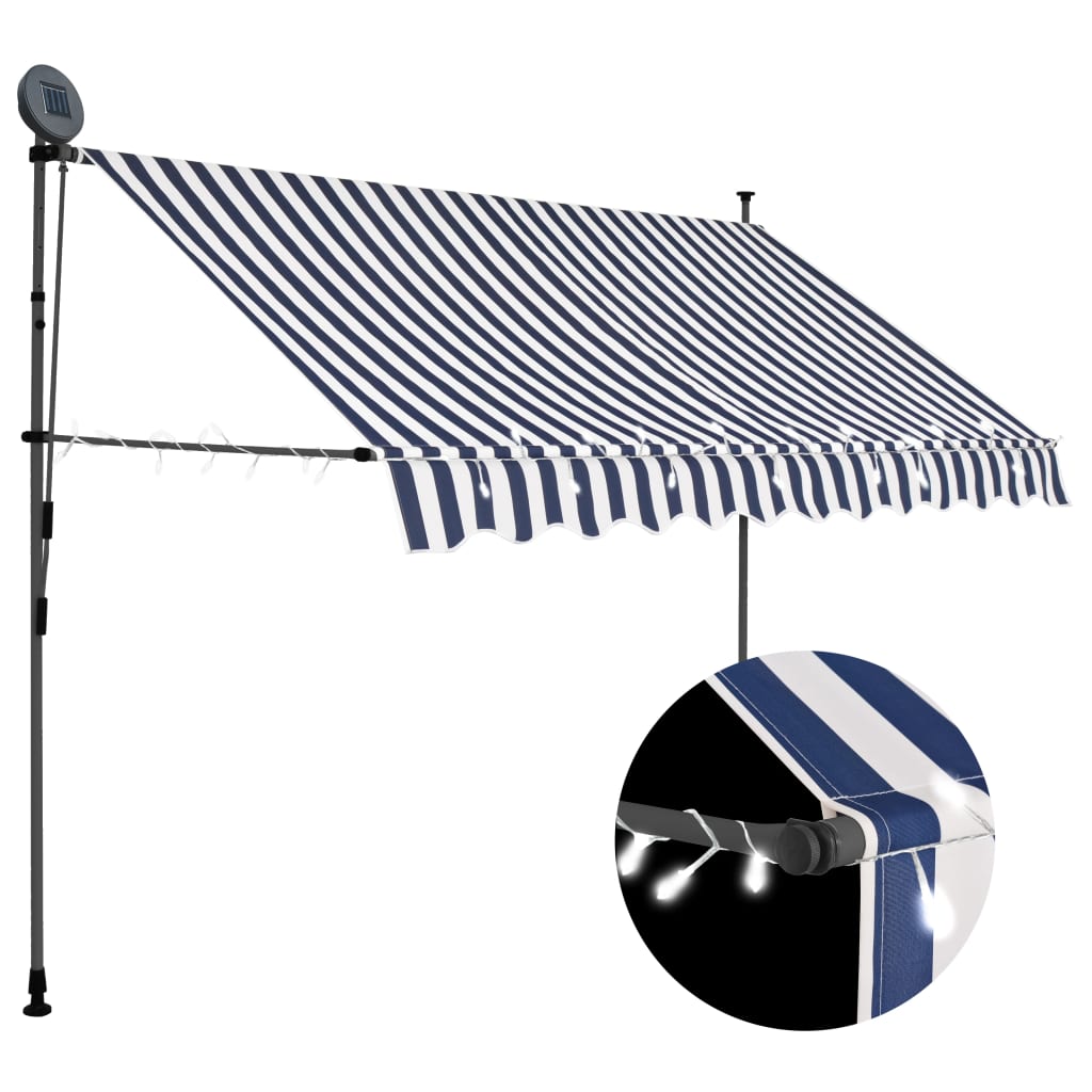 Tenda Da Sole Retrattile Manuale Con Led 300 Cm Blu E Bianca