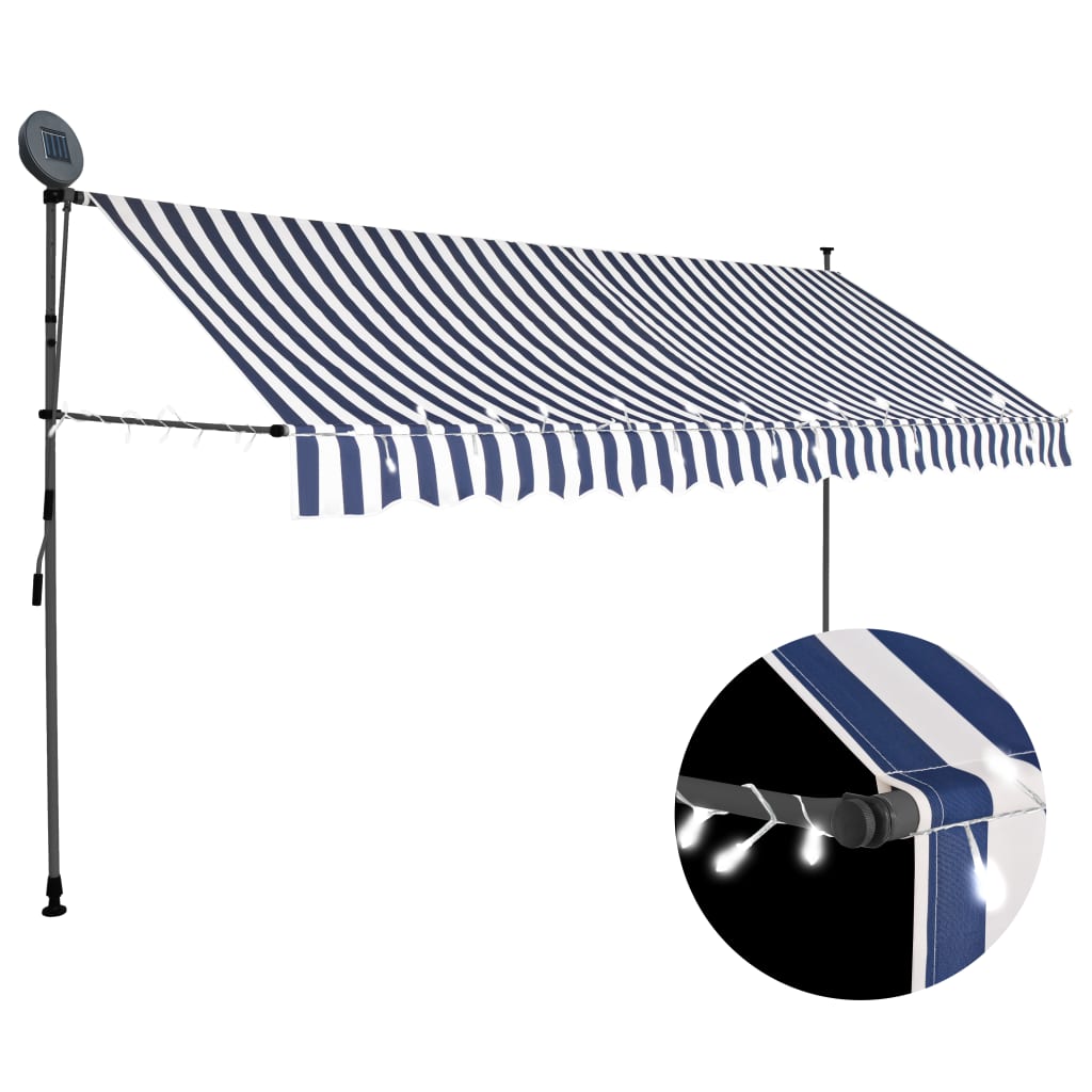 Tenda Da Sole Retrattile Manuale Con Led 350 Cm Blu E Bianca