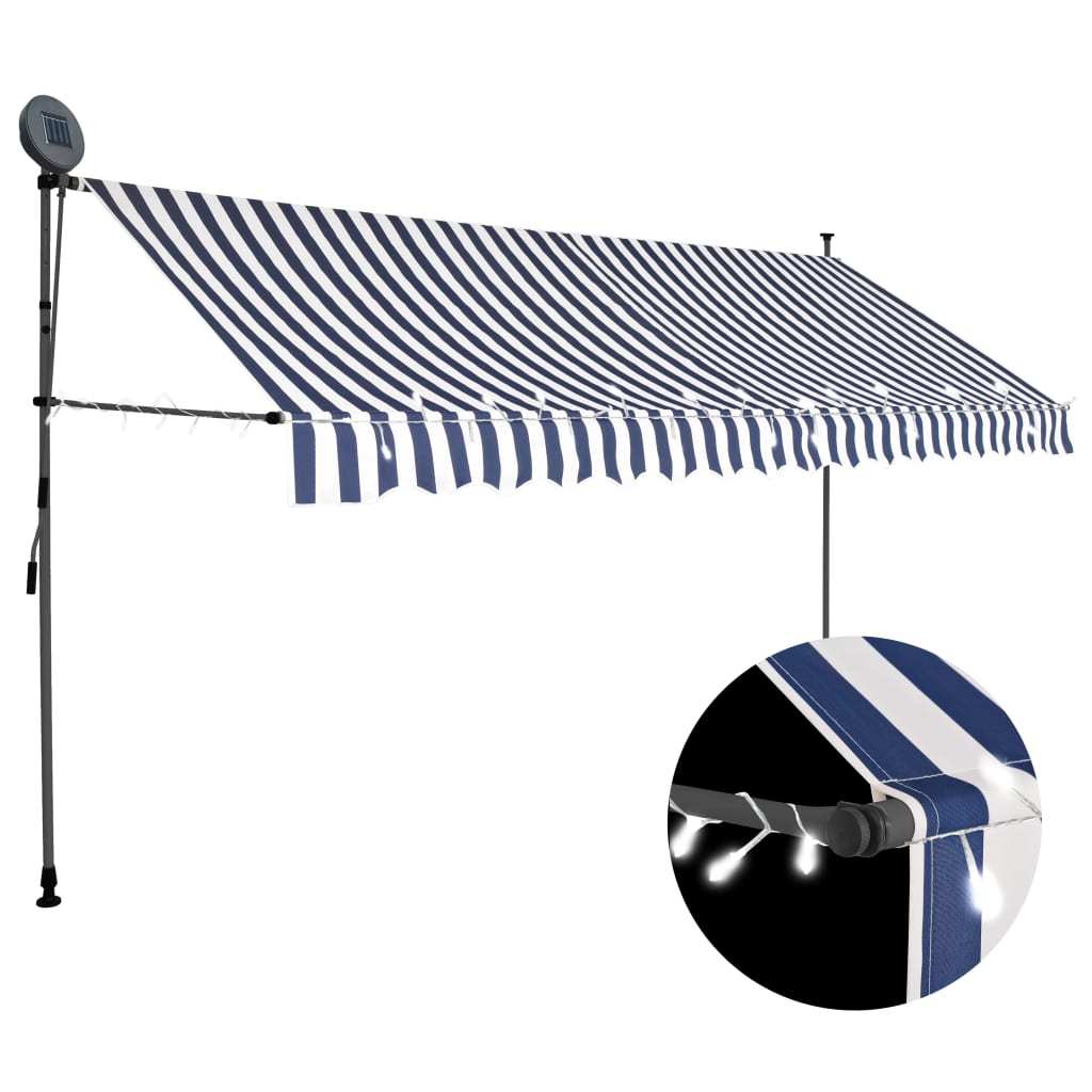 Tenda Da Sole Retrattile Manuale Con Led 400 Cm Blu E Bianca