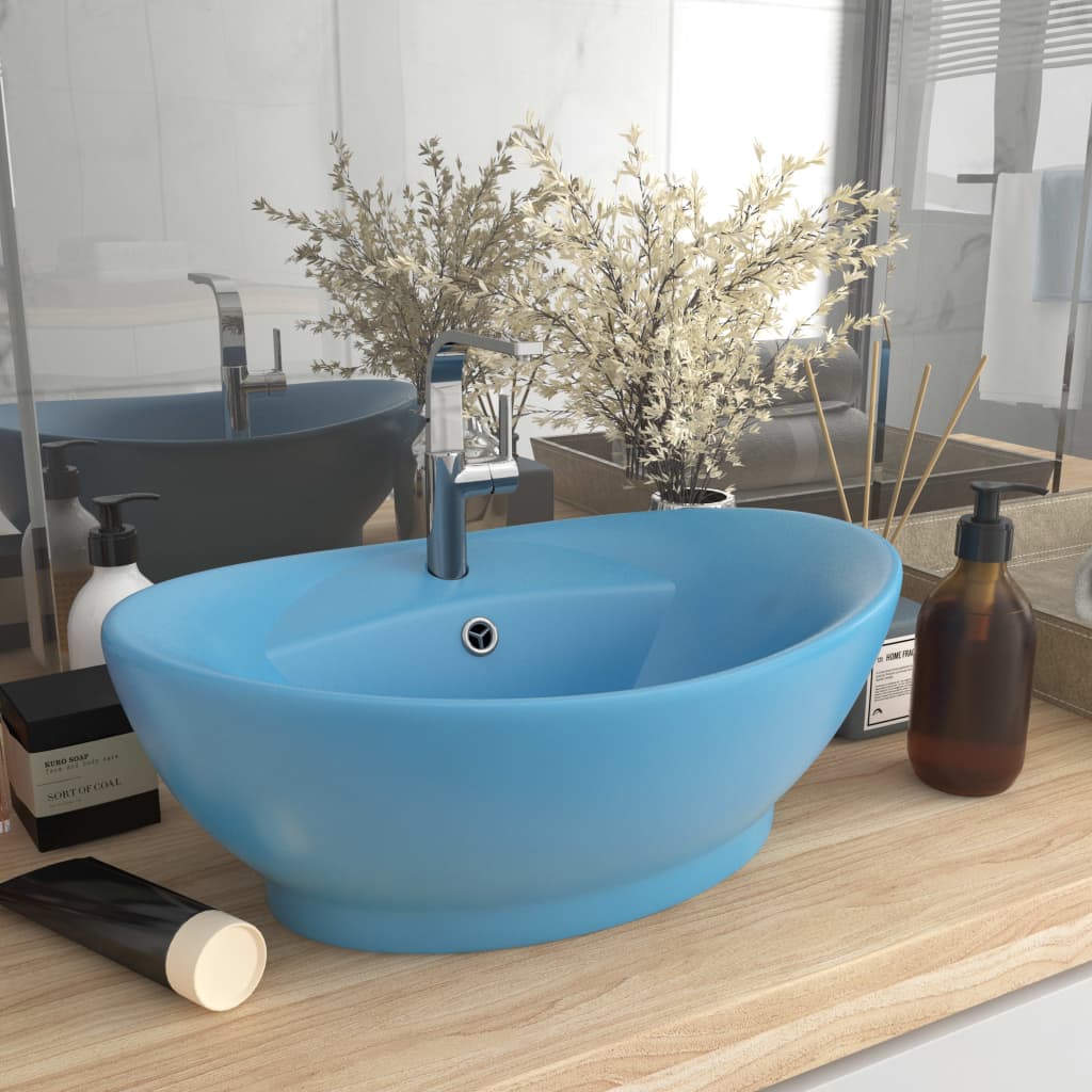 Lavabo Con Troppopieno Ovale Azzurro Opaco 58,5x39 Cm Ceramica