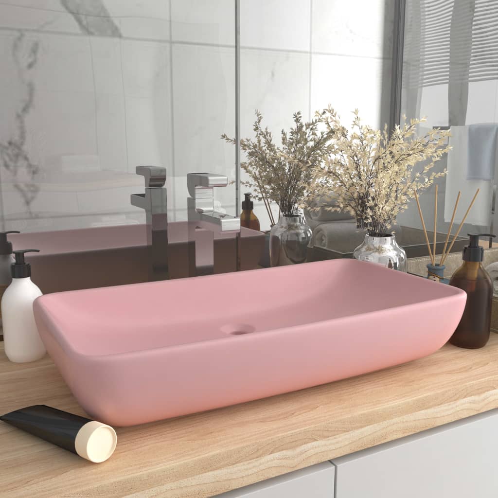 Lavandino Lusso Rettangolare Rosa Opaco 71x38 Cm In Ceramica