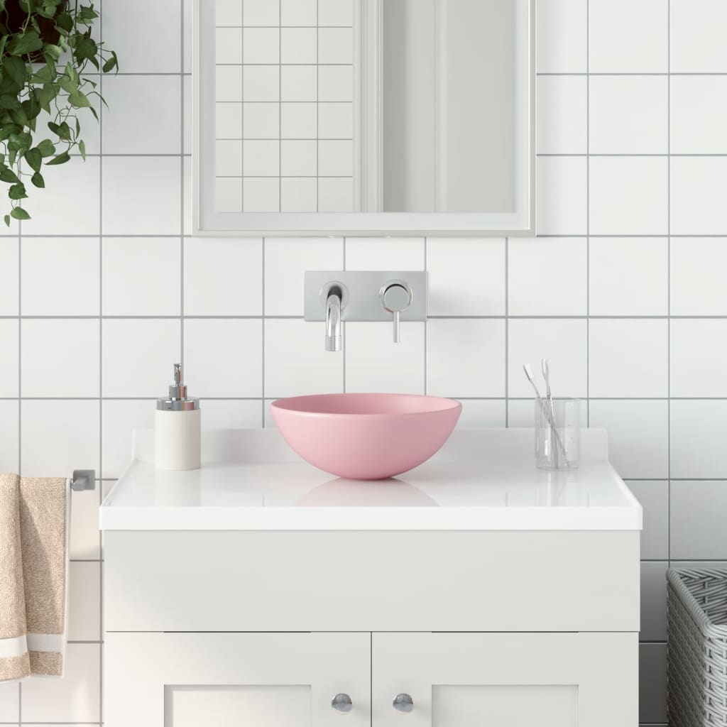 Lavandino Da Bagno In Ceramica Rosa Opaco Rotondo