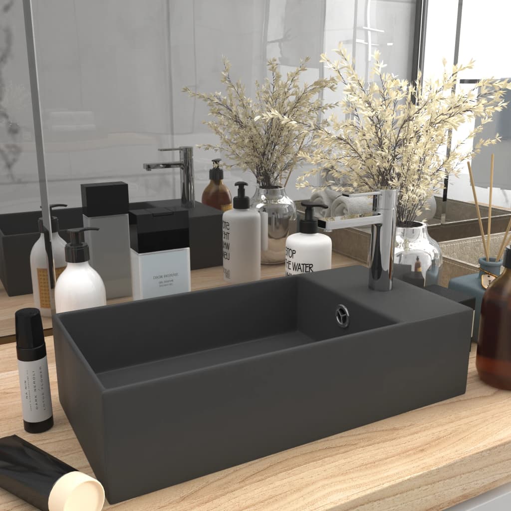 Lavandino Con Troppopieno In Ceramica Grigio Scuro