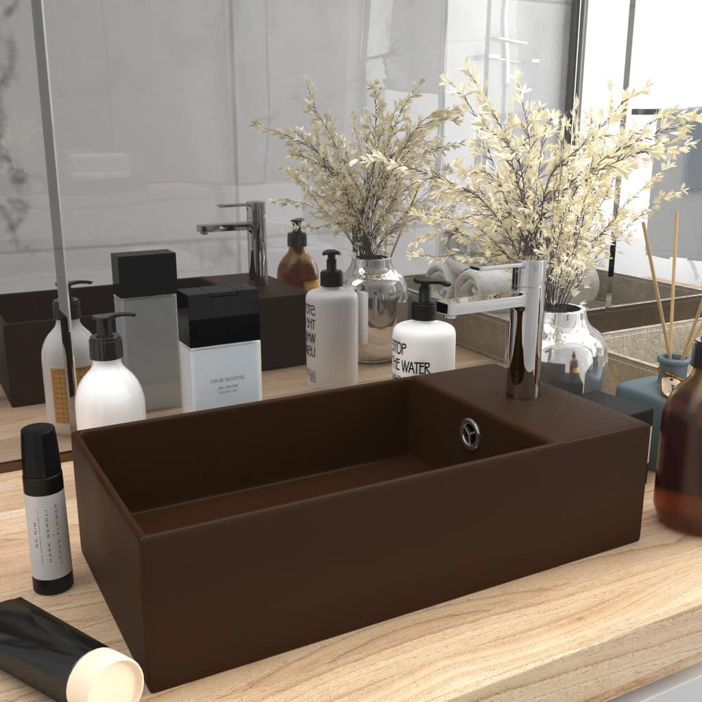 Lavandino Con Troppopieno In Ceramica Marrone Scuro