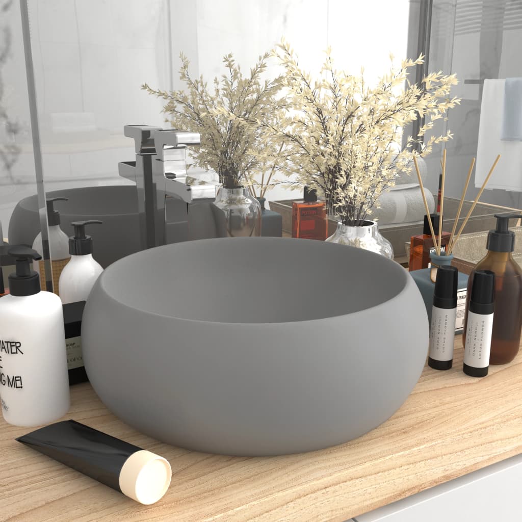 Lavandino Lusso Rotondo Grigio Chiaro Opaco 40x15cm In Ceramica