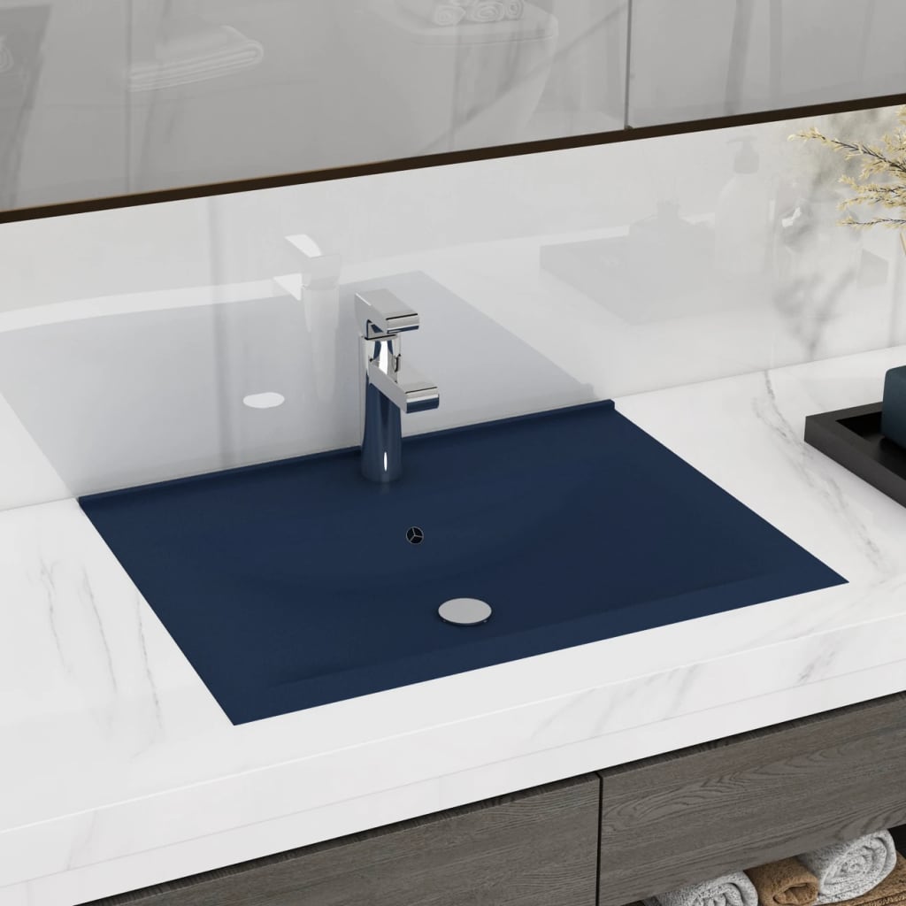 Lavandino Con Foro Rubinetto Blu Scuro Opaco 60x46 Cm In Ceramica