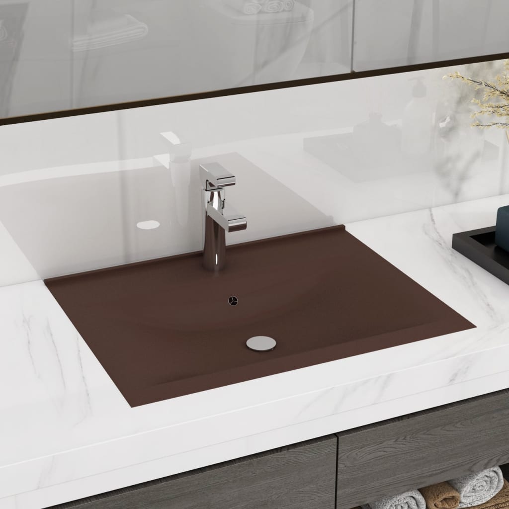 Lavabo Con Foro Rubinetto Marrone Scuro Opaco 60x46cm Ceramica