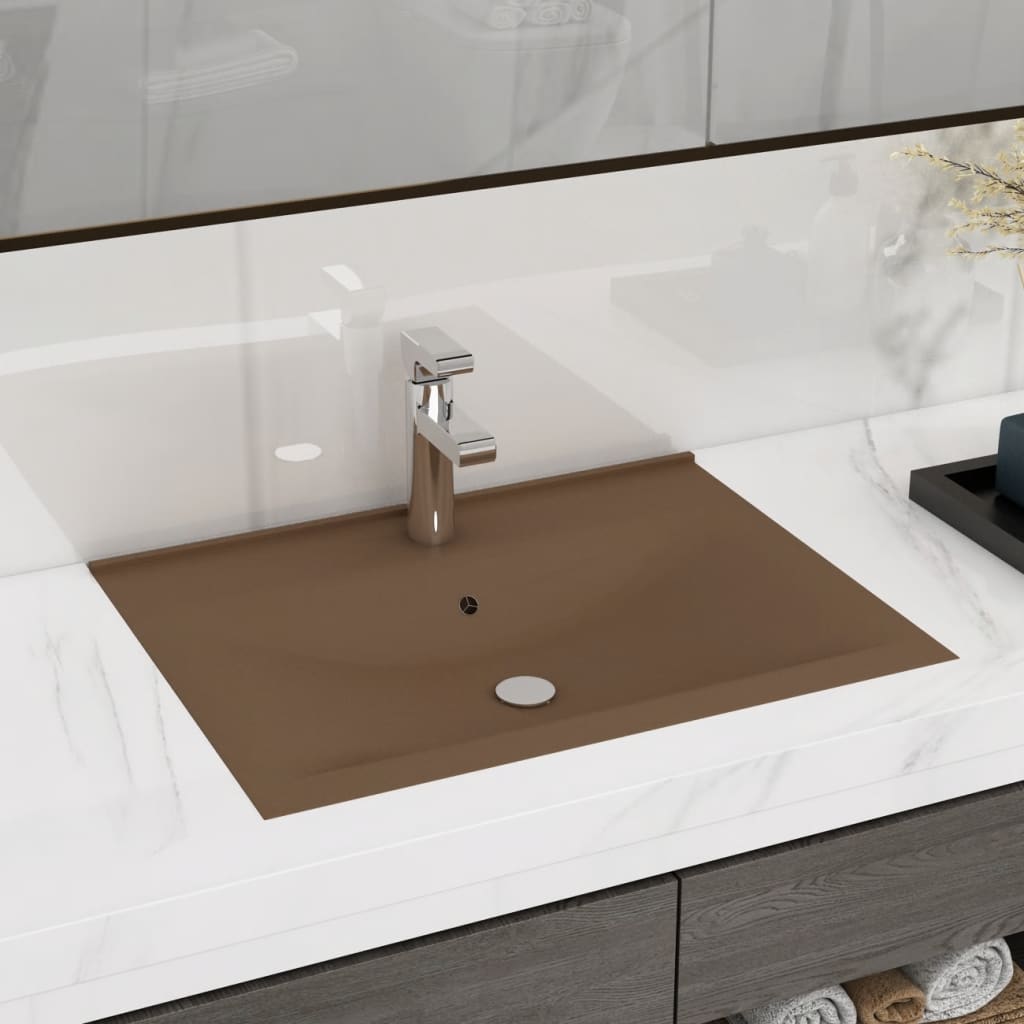 Lavandino Con Foro Rubinetto Crema Opaco 60x46 Cm In Ceramica