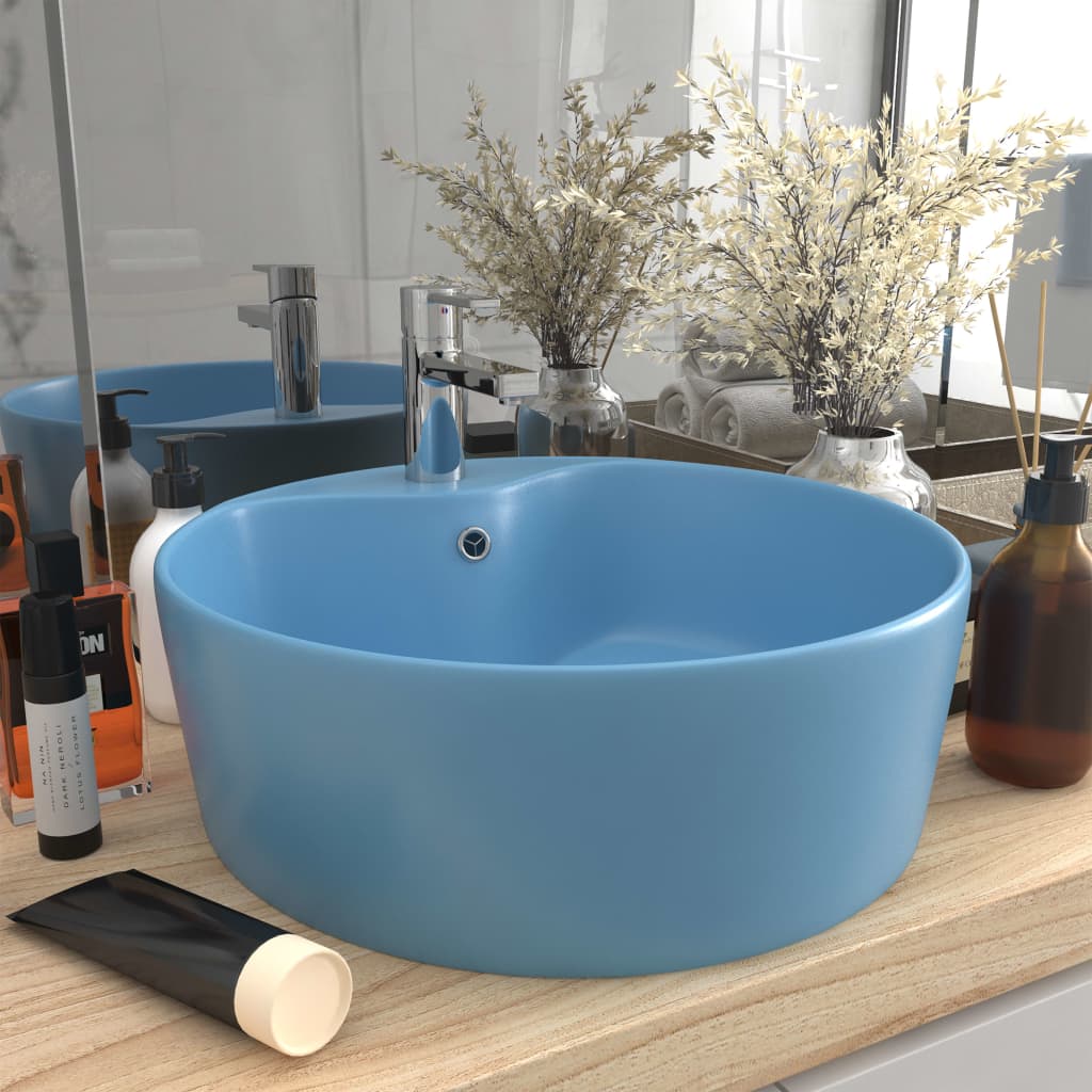 Lavandino Con Troppopieno Azzurro Opaco 36x13 Cm In Ceramica