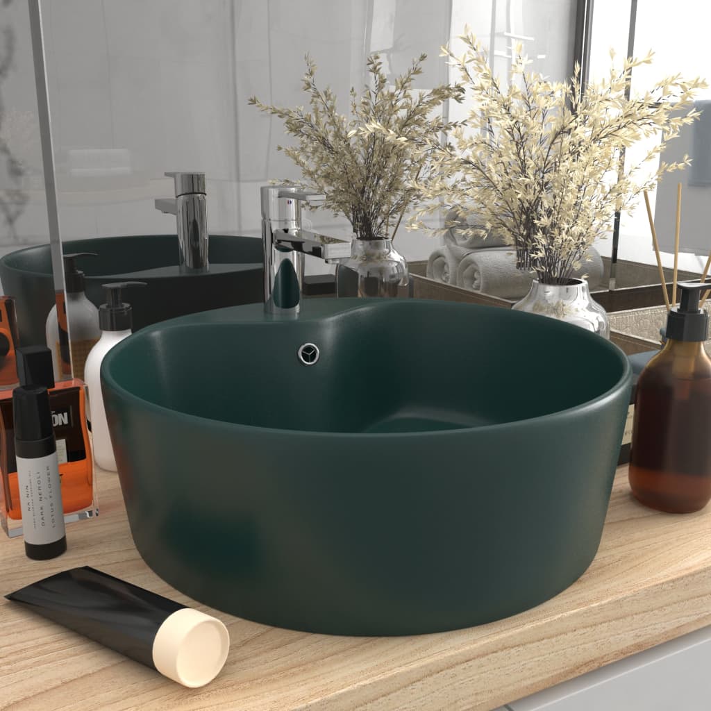 Lavandino Con Troppopieno Verde Scuro Opaco 36x13cm In Ceramica
