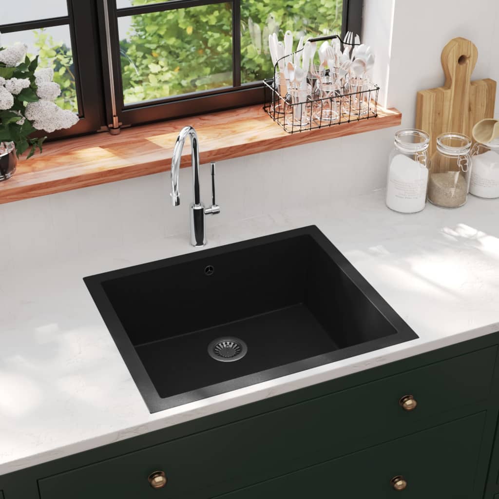Lavello Da Cucina Con Foro Troppopieno Nero In Granito