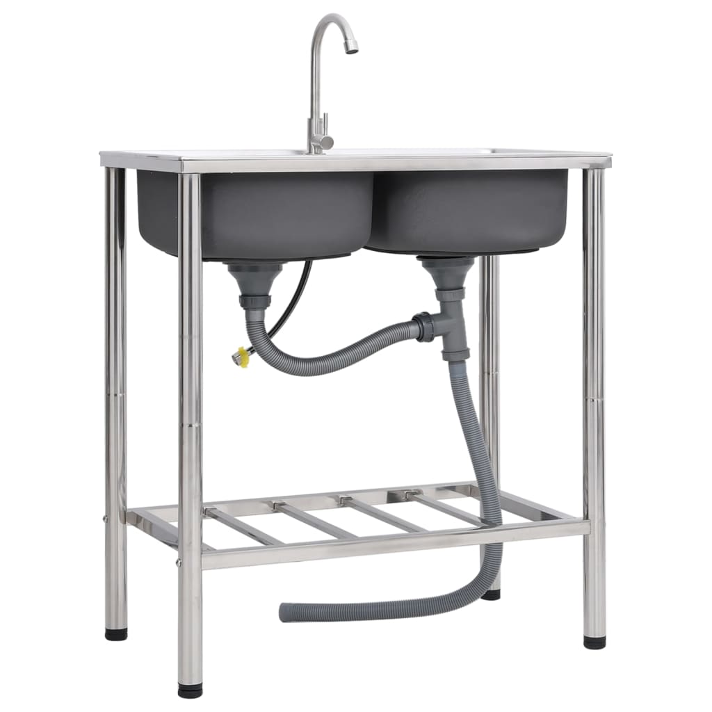 Lavello Da Campeggio Vasca Doppia Con Rubinetto In Acciaio Inox