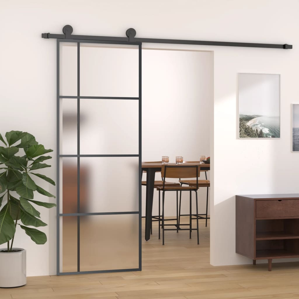 Porta Scorrevole Smerigliato Esg Vetro Alluminio 76x205 Cm Nera