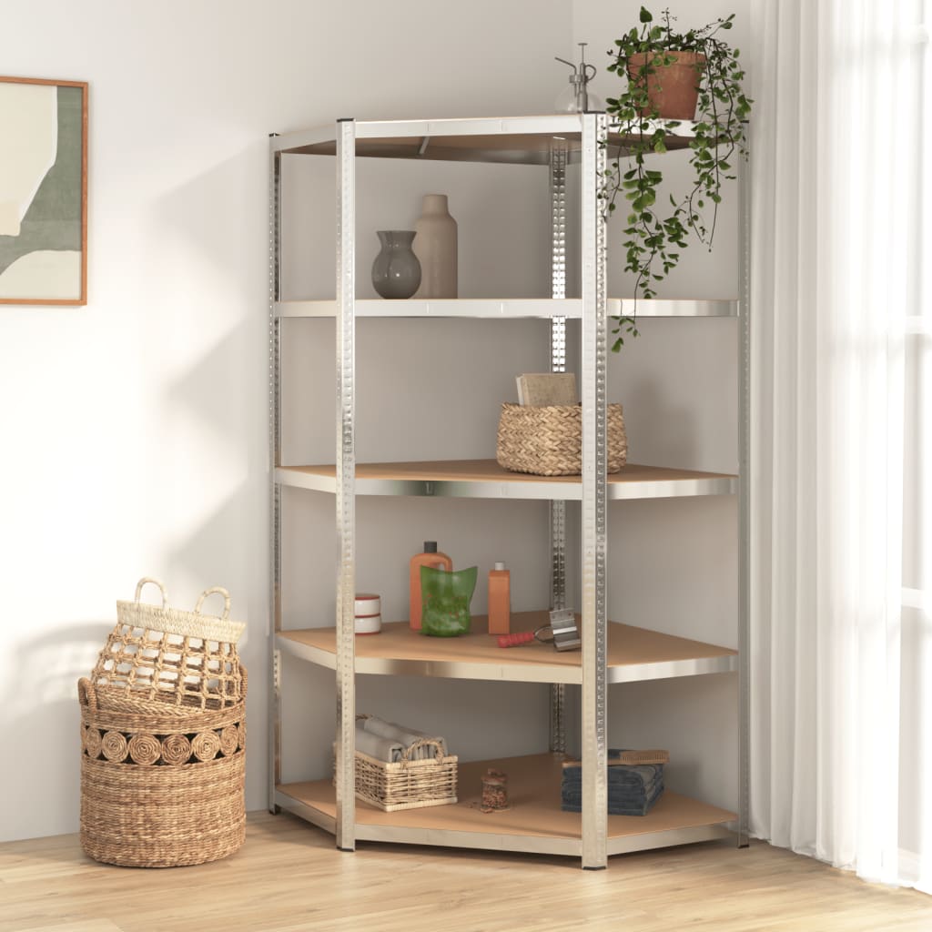 Scaffale Angolare Resistente 5 Strati Argento Acciaio E Legno