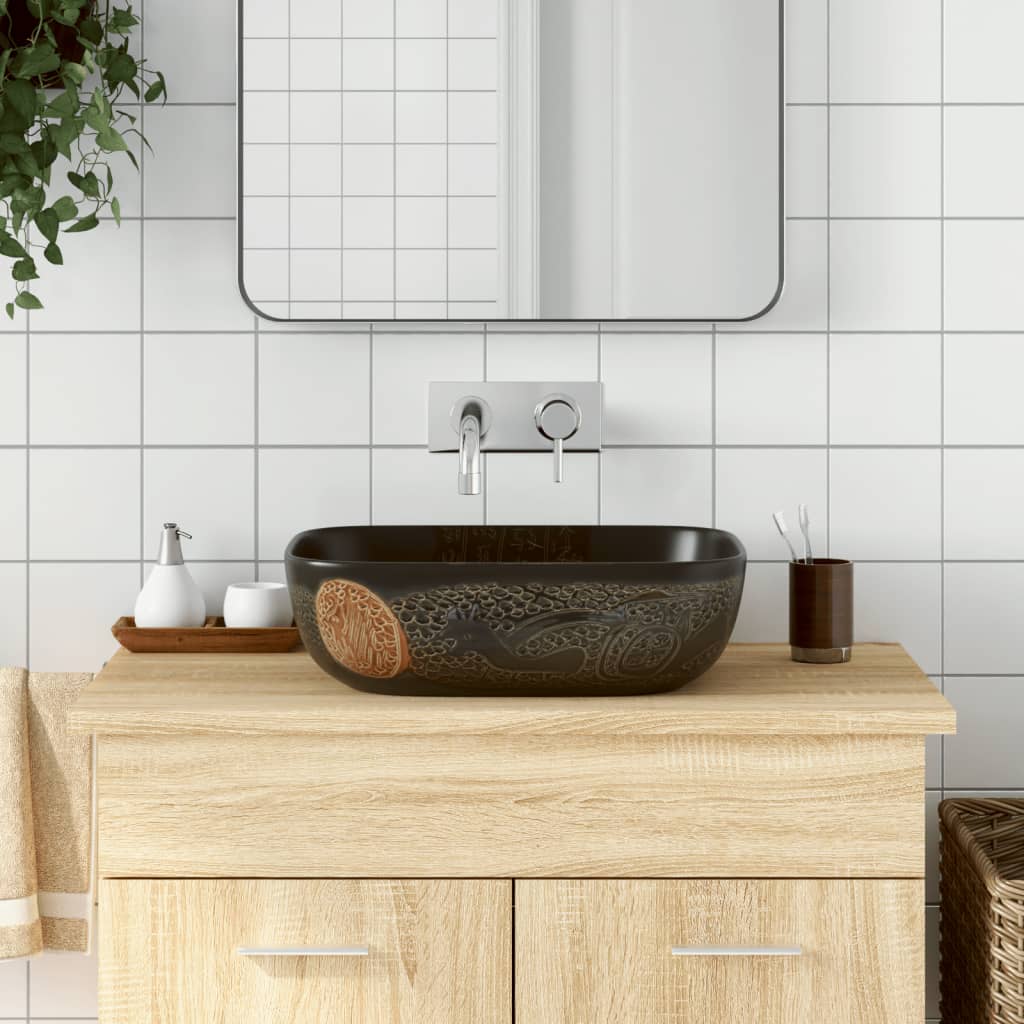 Lavabo Da Appoggio Nero Rettangolare 48x37,5x13,5 Cm Ceramica