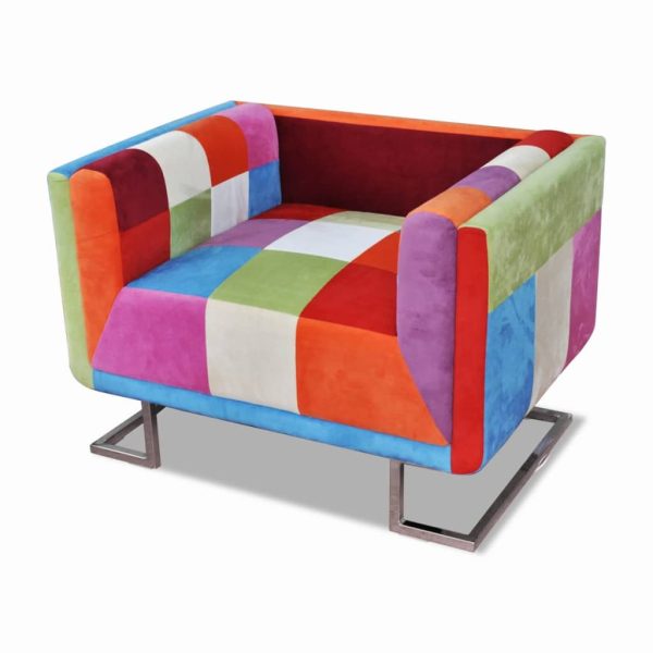 Poltrona A Cubo Con Gambe Cromo E Design Patchwork In Tessuto - Image 3