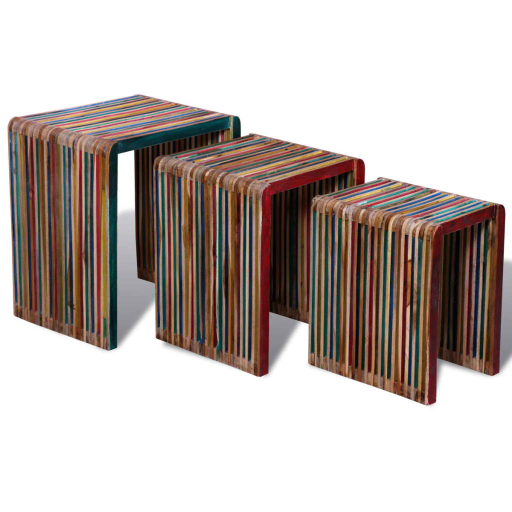 Tavoli Impilabili Set 3 Pz In Teak Di Recupero Colorato