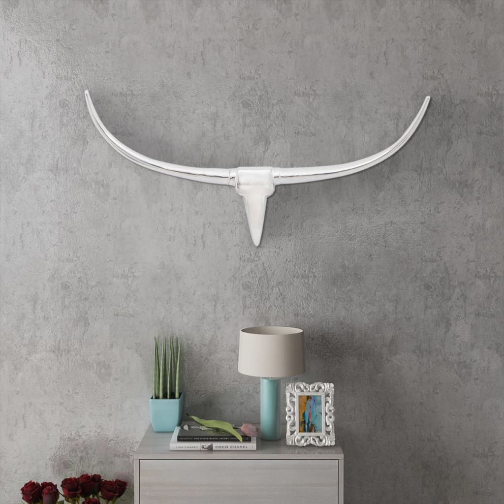 Decorazione Da Parete Testa Di Toro In Alluminio Argento 96 cm