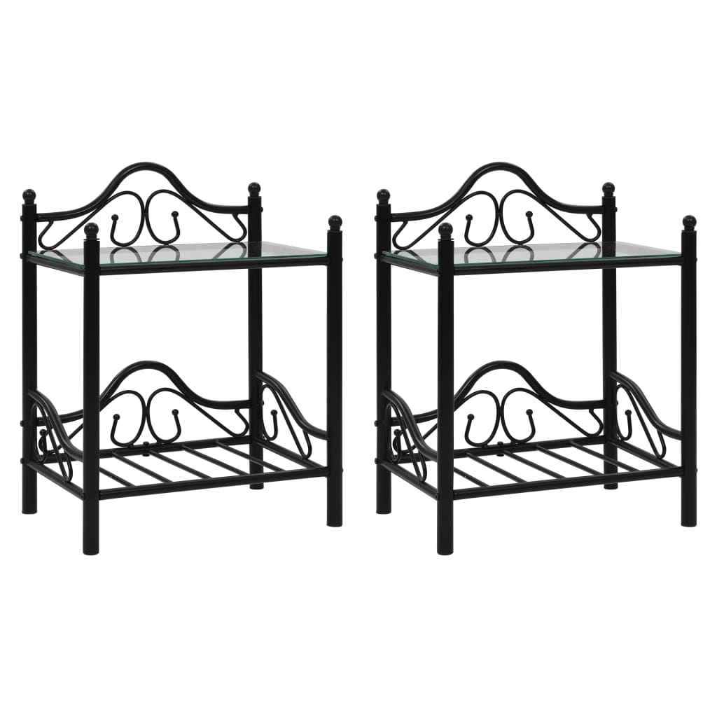 Comodini Set 2pz In Acciaio E Vetro Temperato 45x30,5x60cm Nero