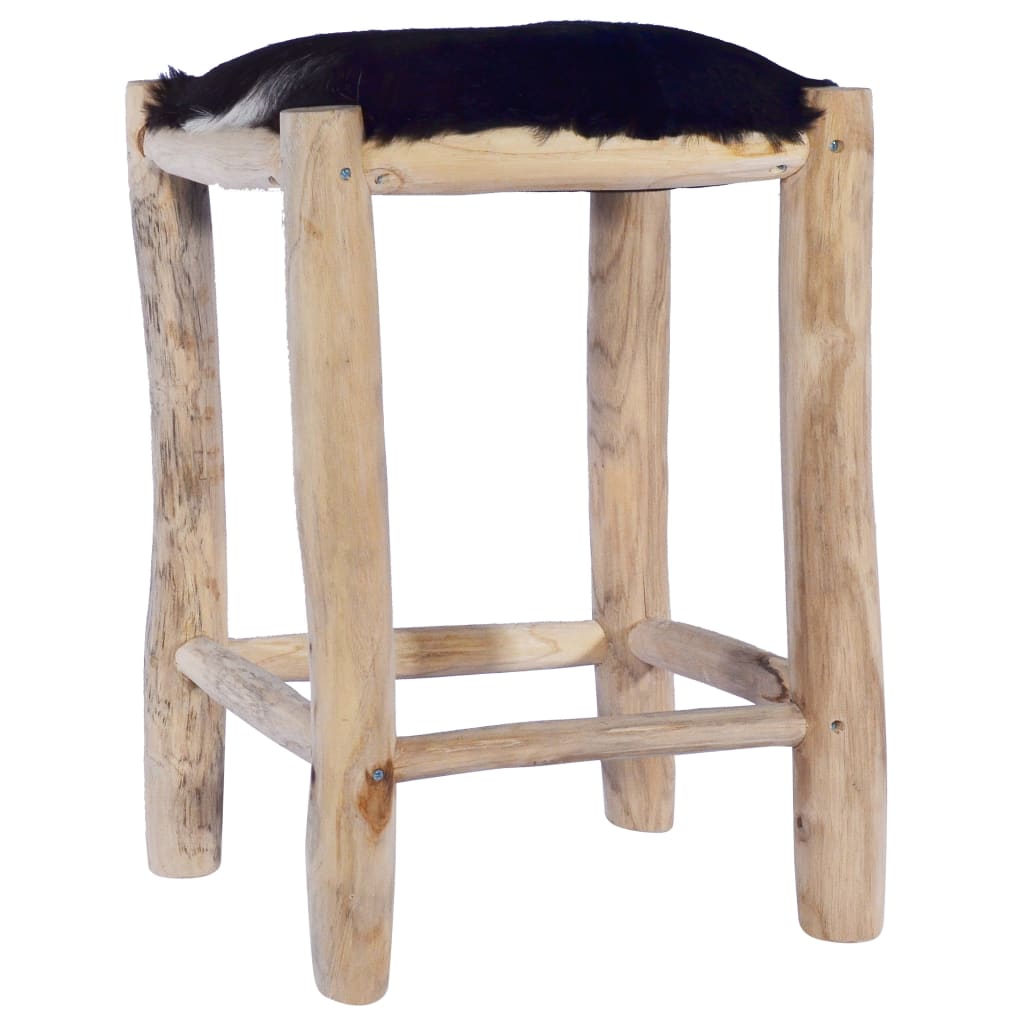 Sgabello Da Bar In Vera Pelle Di Capra E Legno Massello Di Teak