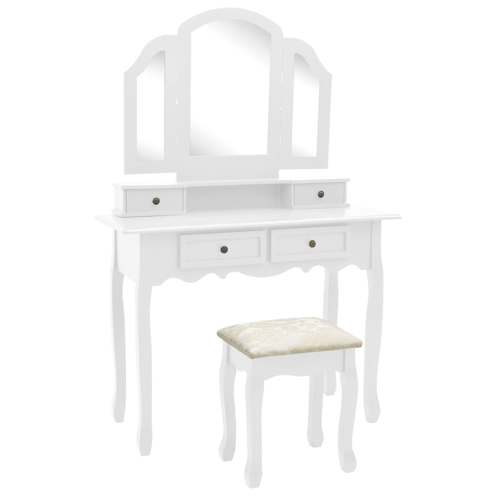 Tavolo Da Trucco E Sgabello Bianco 100x40x146cm Legno Paulownia