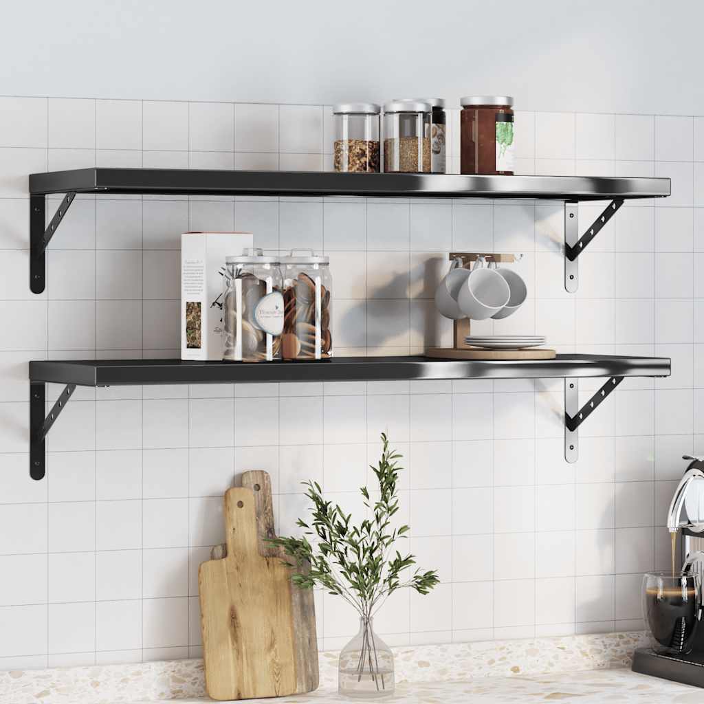Mensole A Muro 2 Pz 100x30x3 Cm Nero In Acciaio Inossidabile