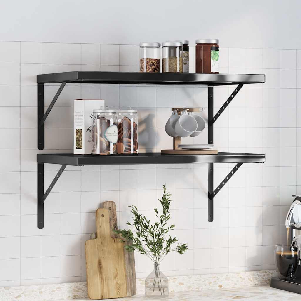 Mensole A Muro 2 Pz 75x40x3 Cm Nero In Acciaio Inossidabile