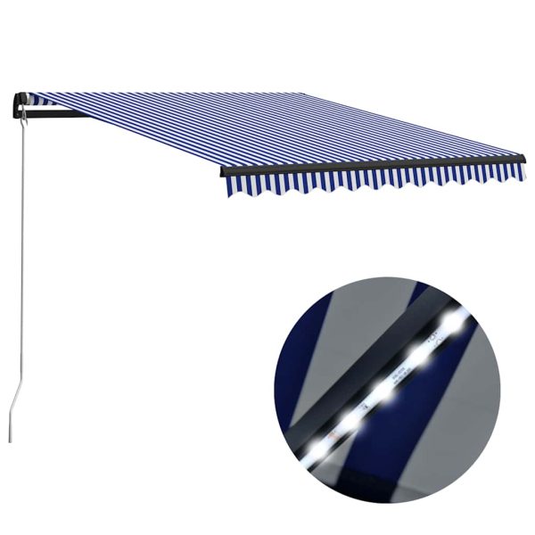 Tenda Da Sole Retrattile Manuale Con Led 350x250cm Blu E Bianco