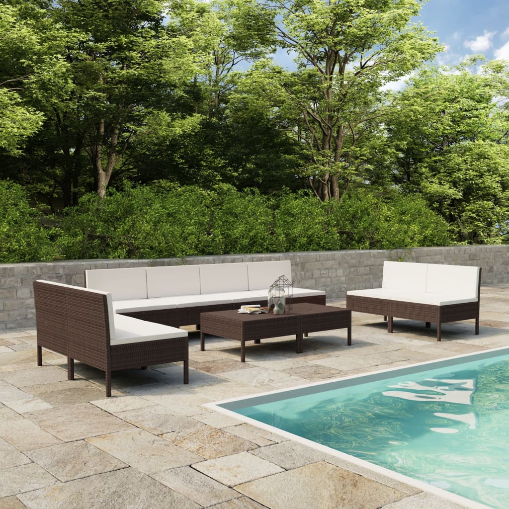 Set Divani Da Giardino 10 Pz Con Cuscini In Polyrattan Marrone