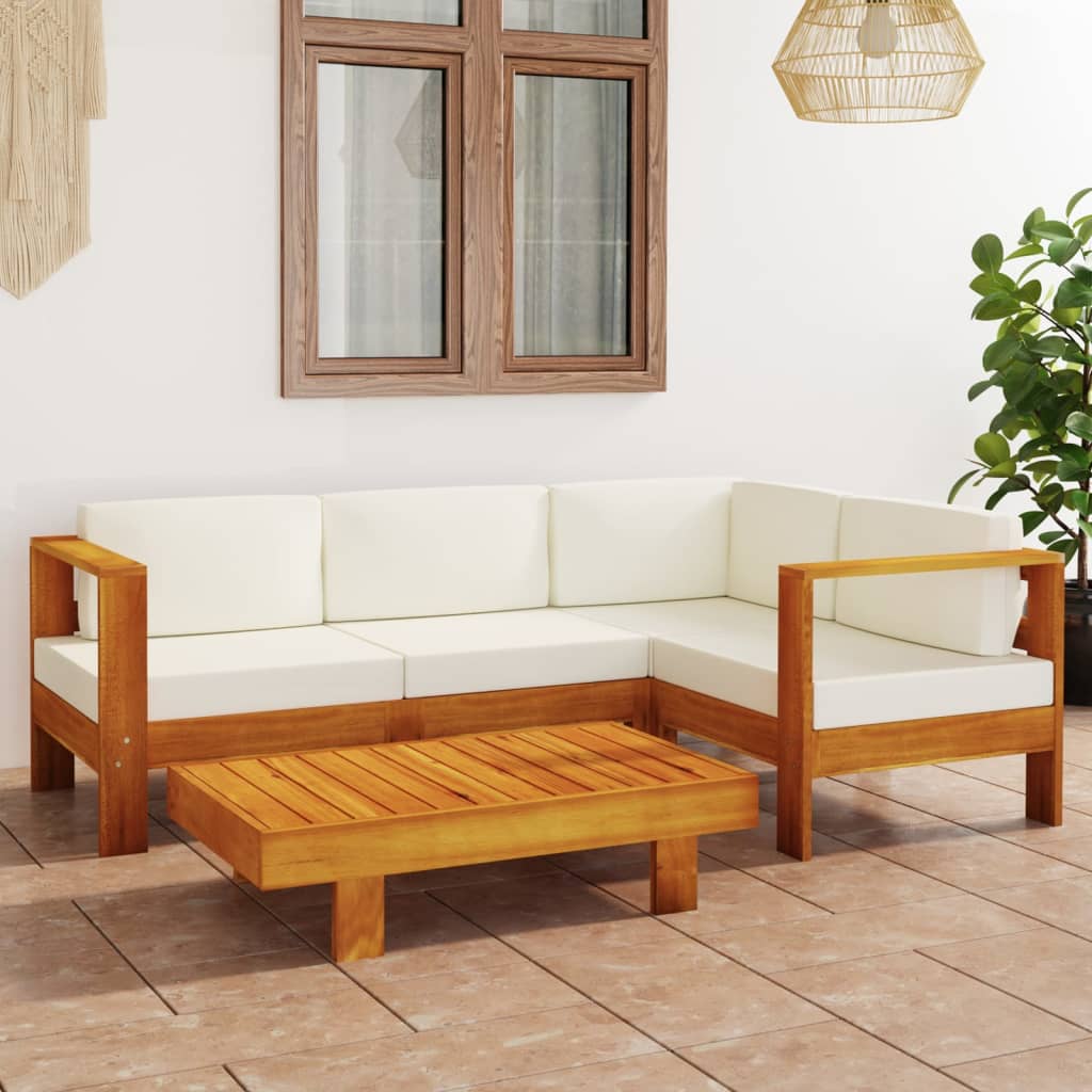 Set Divani Giardino 5 Pz Cuscini Bianco Crema In Legno D'acacia
