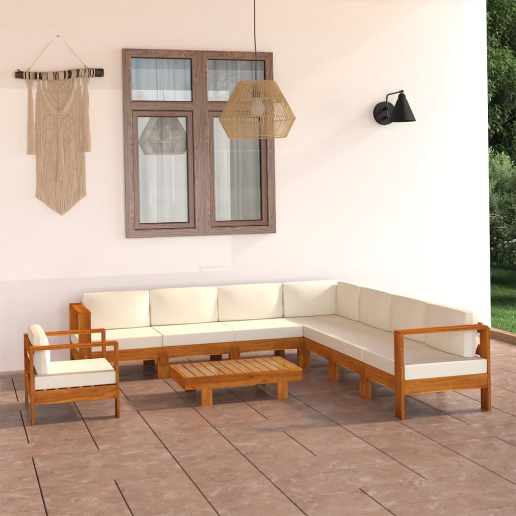 Set Divani Giardino 9 Pz Cuscini Bianco Crema In Legno D'acacia