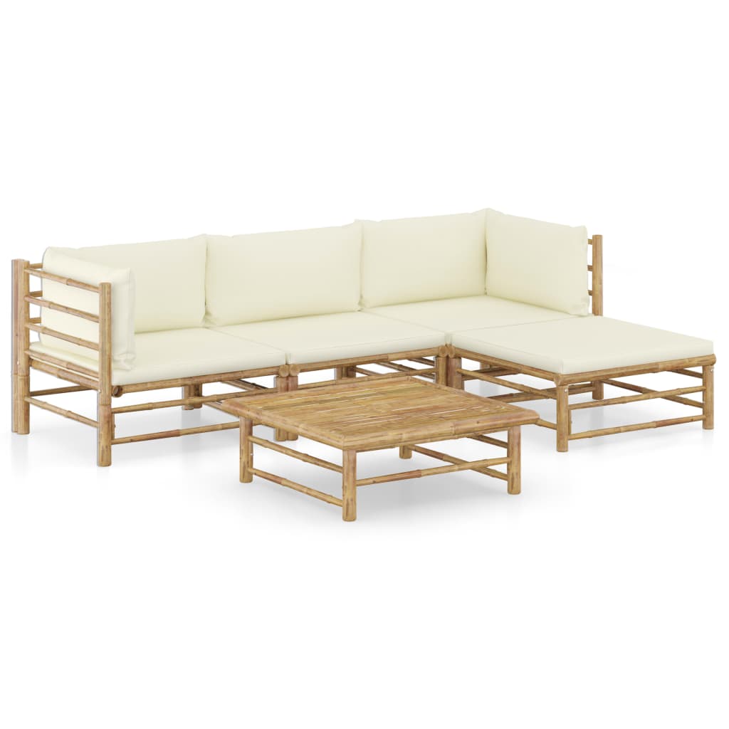 Set Salotto Da Giardino 5pz Con Cuscini Bianco Crema In Bambù