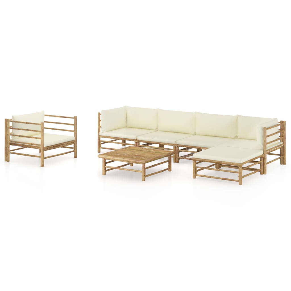 Set Divani Da Giardino 7 Pz Con Cuscini Bianco Crema In Bambù