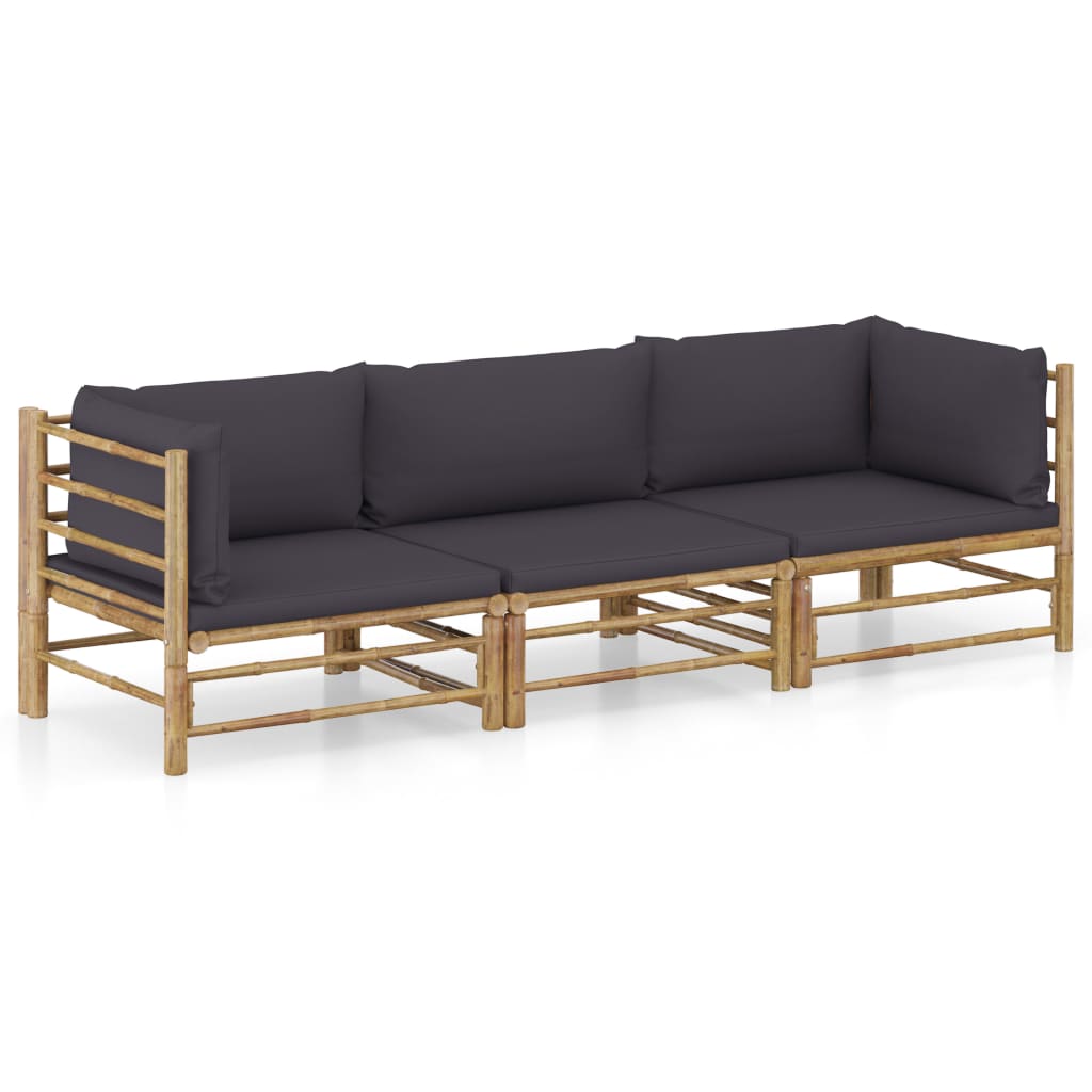 Set Divani Da Giardino 3 Pz Con Cuscini Grigio Scuro In Bambù