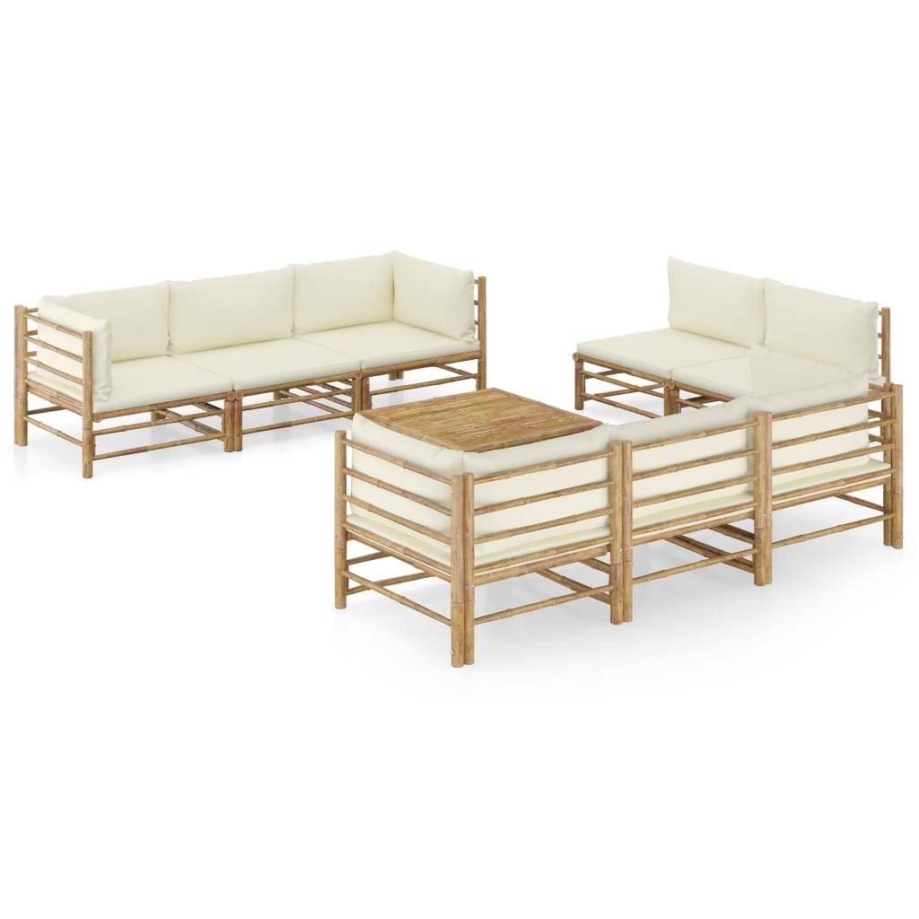 Set Divani Da Giardino 9 Pz Con Cuscini Bianco Crema In Bambù