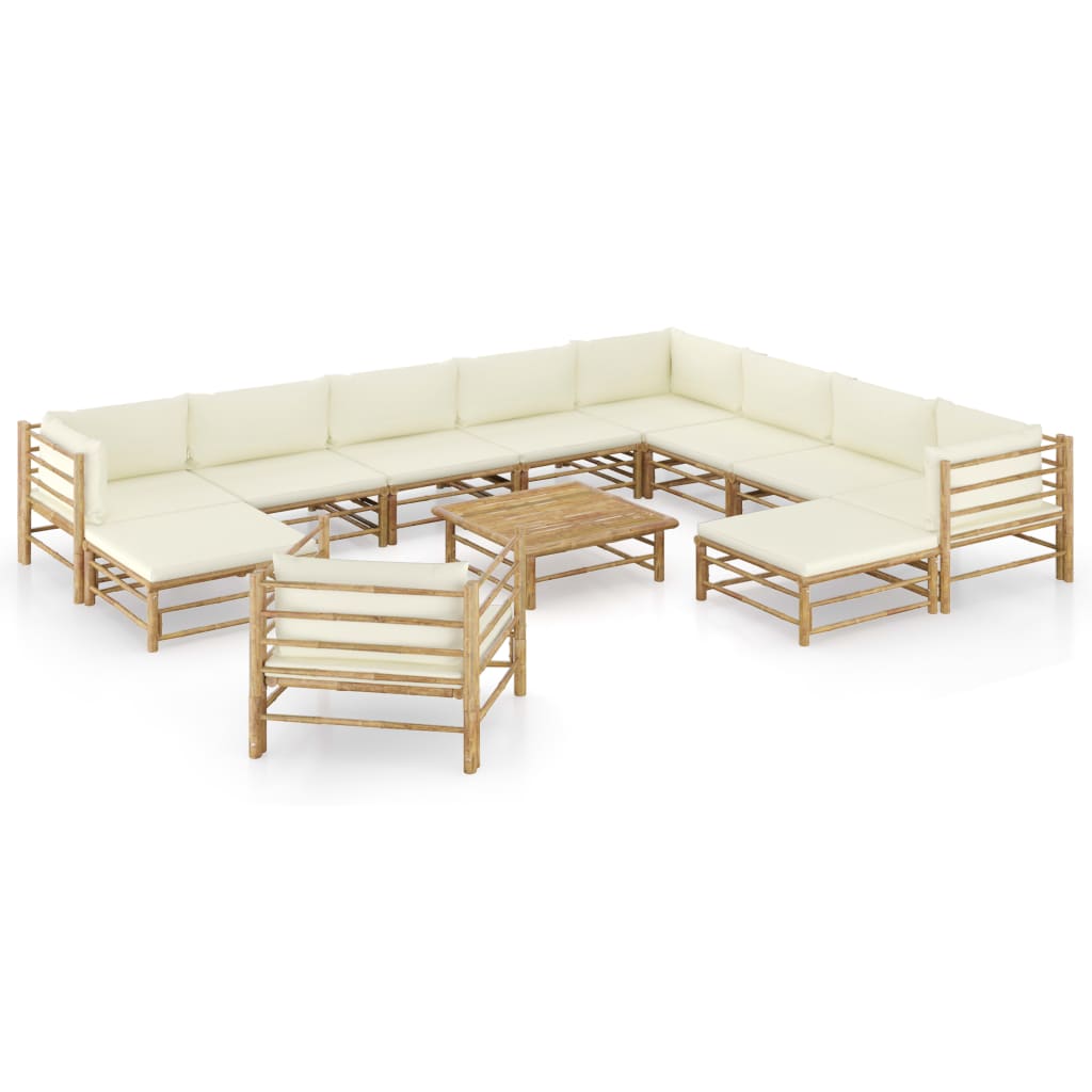 Set Salotto Da Giardino 12pz Con Cuscini Bianco Crema In Bambù