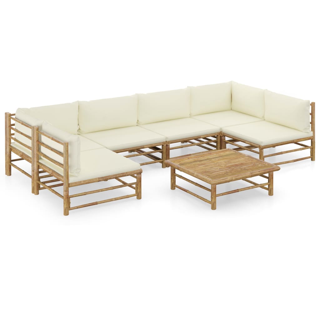 Set Salotto Da Giardino 7pz Con Cuscini Bianco Crema In Bambù