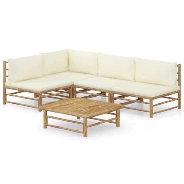 Set Salotto Da Giardino 5pz Con Cuscini Bianco Crema In Bambù