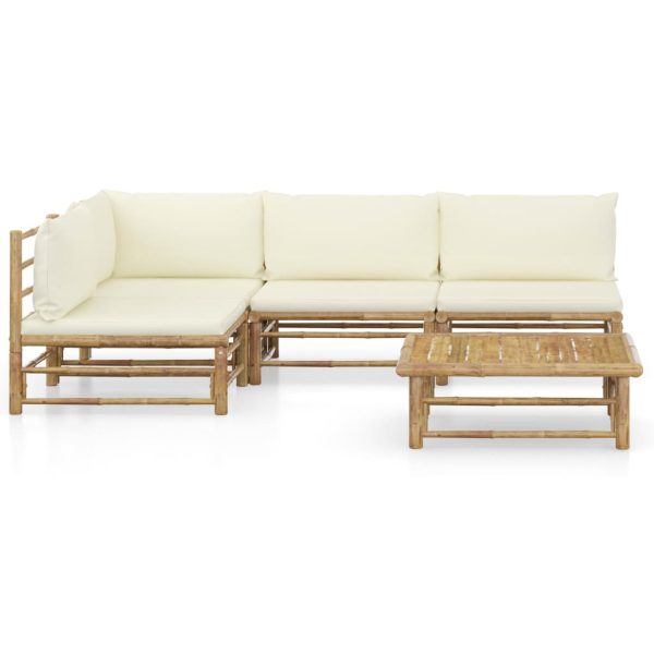 Set Salotto Da Giardino 5pz Con Cuscini Bianco Crema In Bambù - Image 2