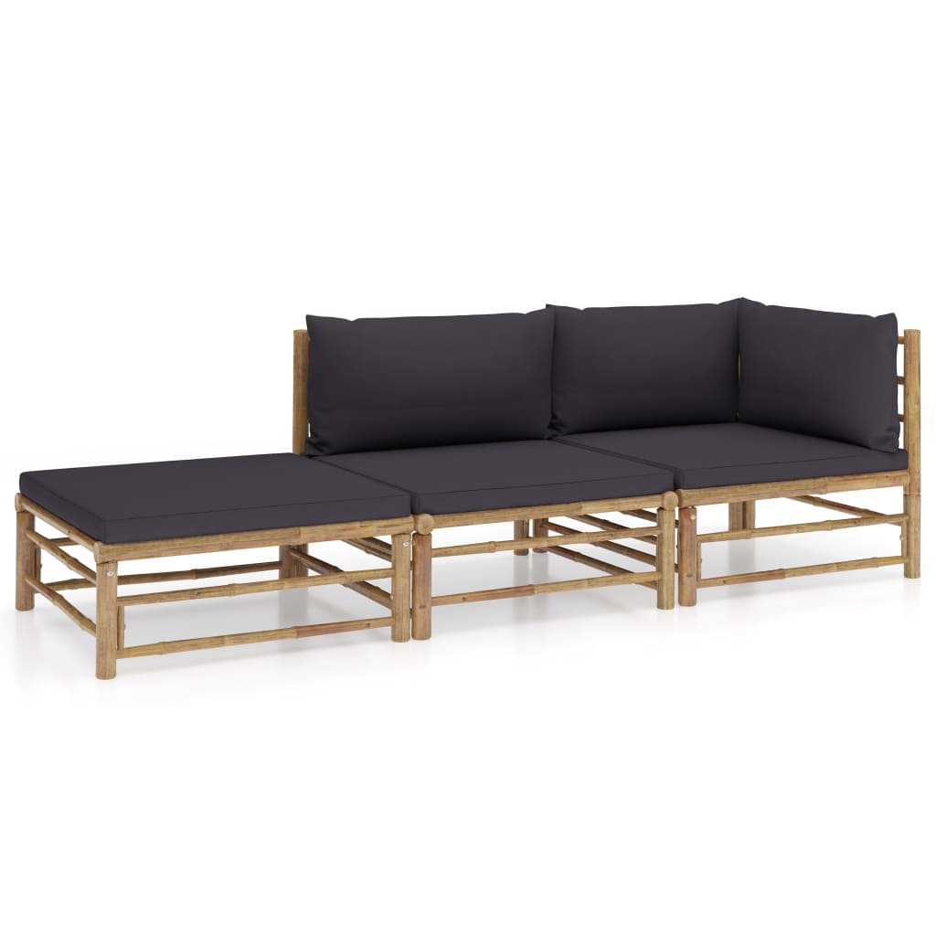 Set Divani Da Giardino 3 Pz Con Cuscini Grigio Scuro In Bambù