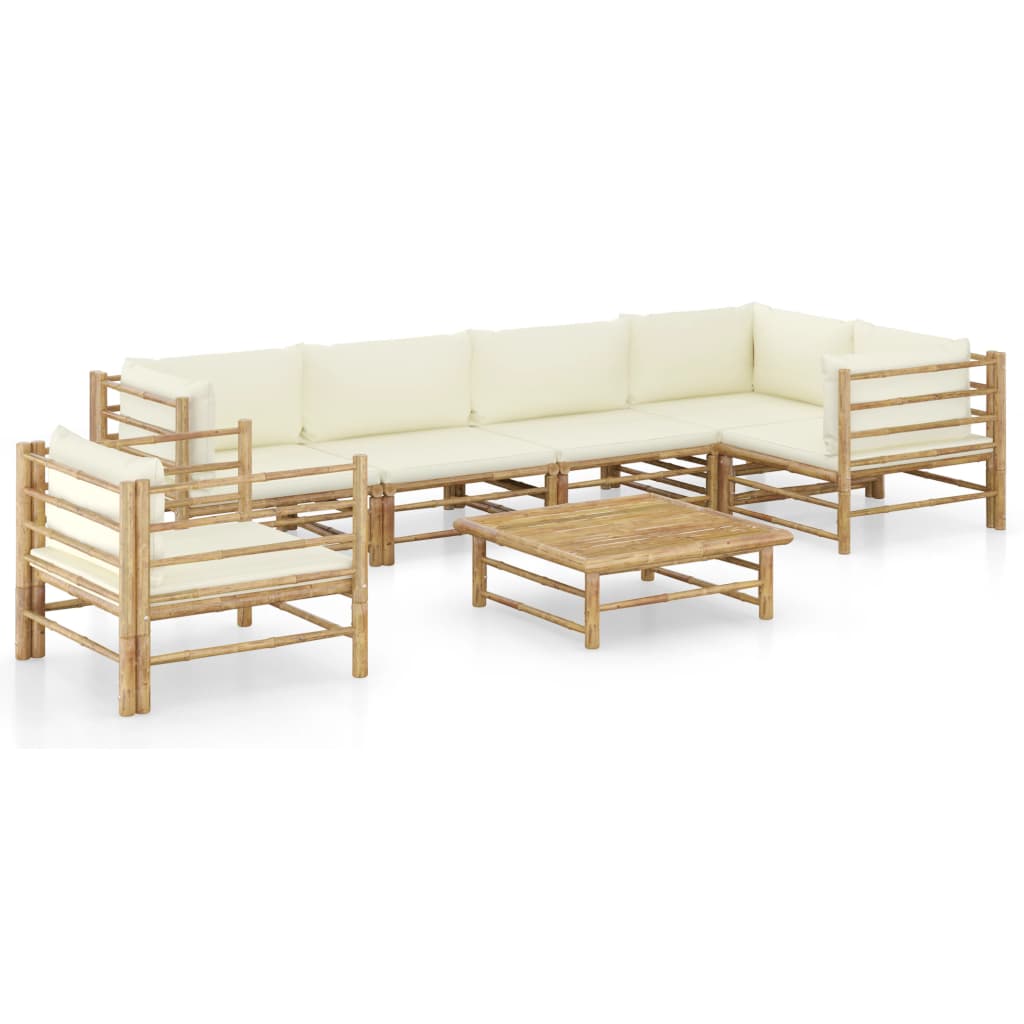 Set Divani Da Giardino 7 Pz Con Cuscini Bianco Crema In Bambù