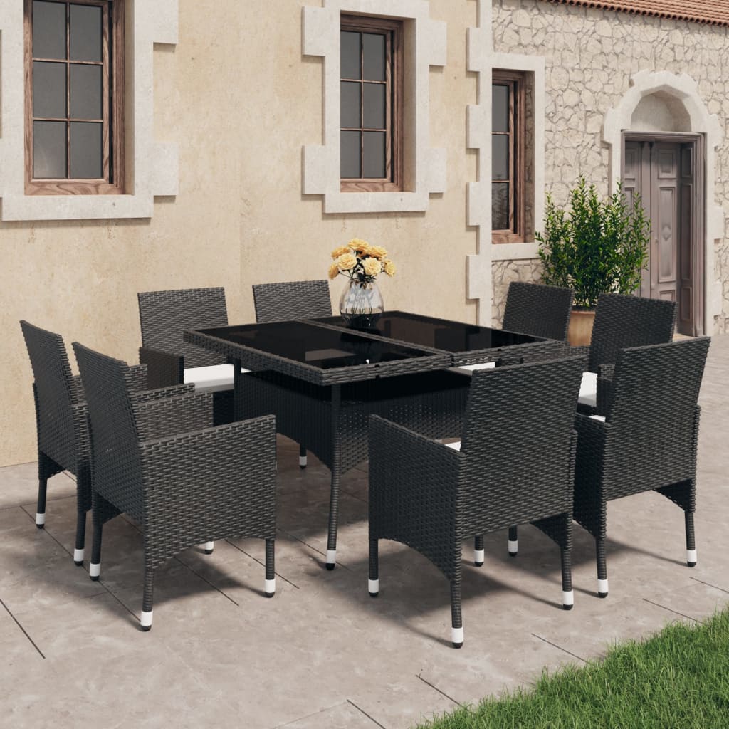 Set Mobili Da Pranzo Per Giardino 9 Pz Polyrattan E Vetro Nero