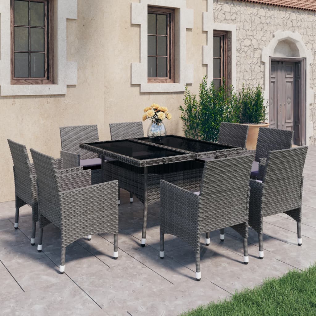 Set Mobili Da Pranzo Per Giardino 9pz Polyrattan E Vetro Grigio