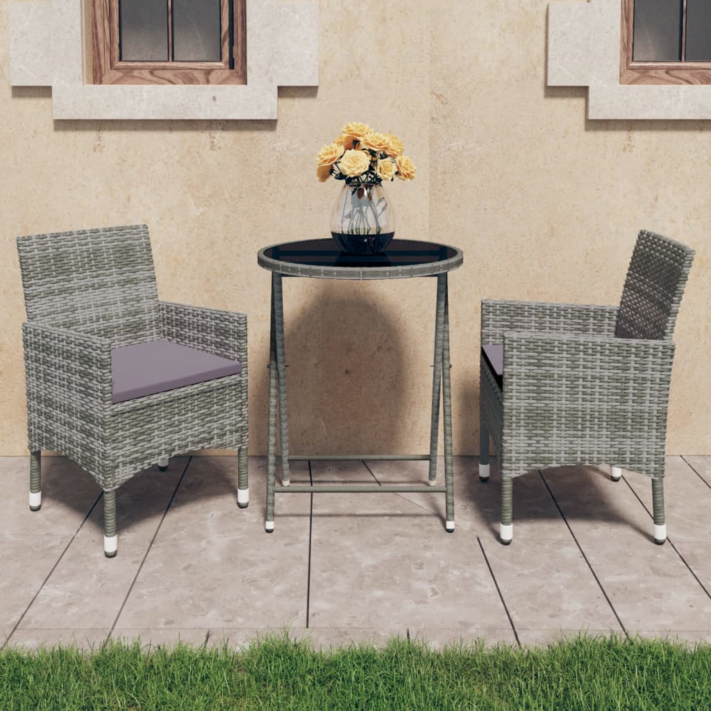 Set Bistrot Giardino 3 Pz Polyrattan E Vetro Temperato Grigio