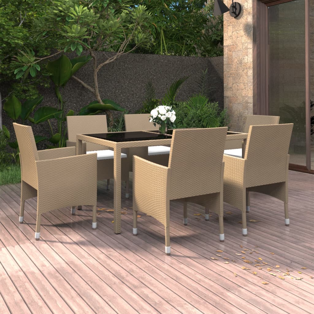 Set Da Pranzo Giardino 7 Pz Polyrattan E Vetro Temperato Beige