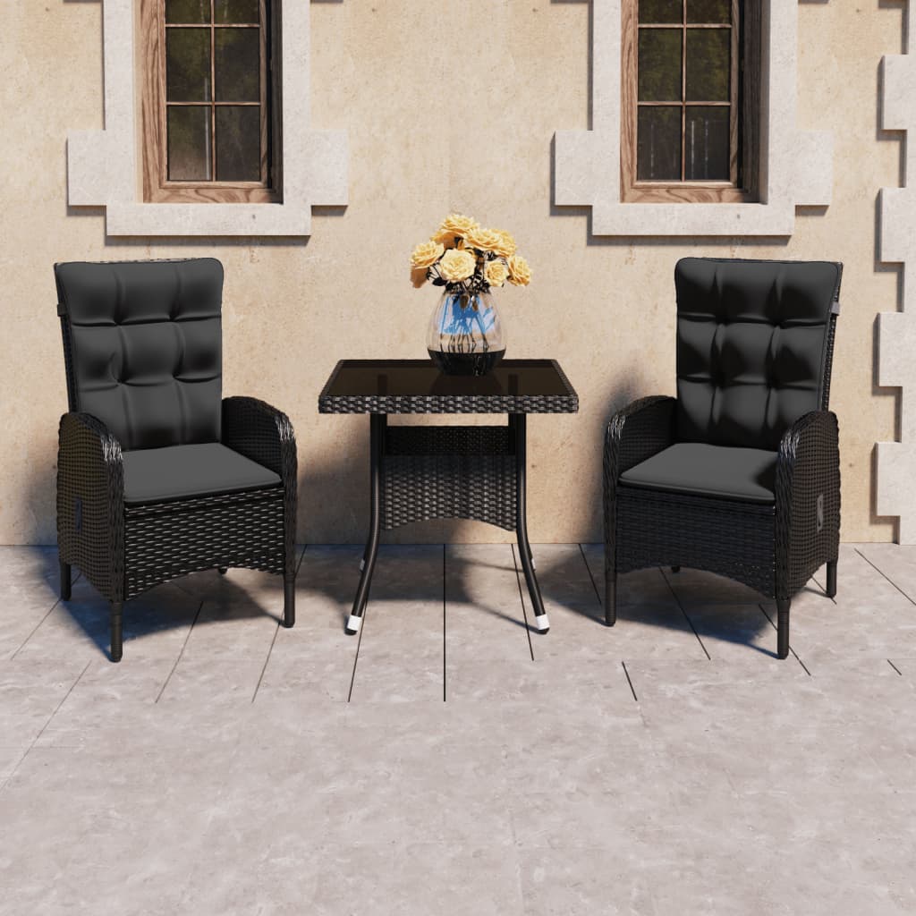 Set Mobili Da Pranzo Per Giardino 3 Pz Polyrattan E Vetro Nero